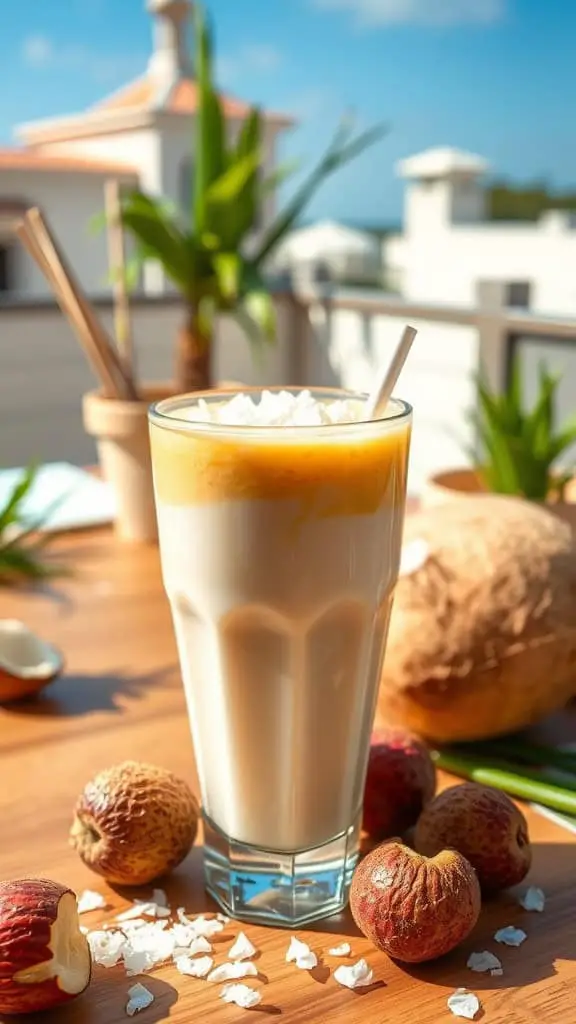 A refreshing Coconut Lychee Dream drink with coconut flakes and fresh lychee fruits on a sunny balcony.