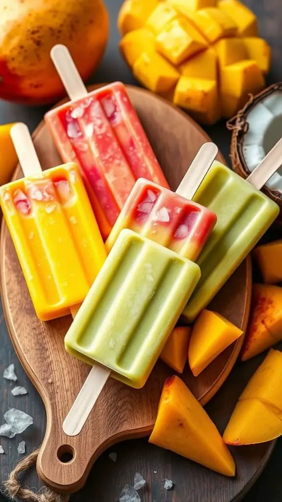 Colorful coconut mango smoothie pops on a wooden board with fresh mango slices.