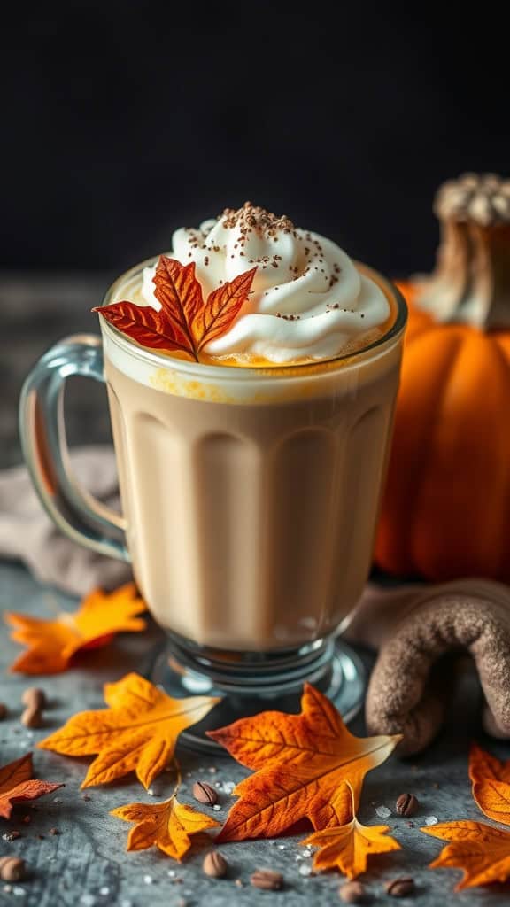 A coconut milk pumpkin spice latte topped with whipped cream and autumn leaves, with a pumpkin in the background.