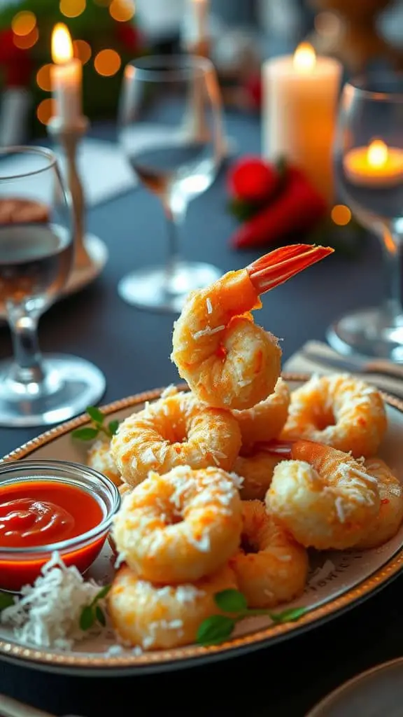 A plate of coconut shrimp served with sweet chili sauce, garnished with shredded coconut on a festive table.