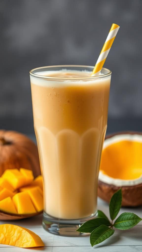 A refreshing glass of Coconut Water Mango Cooler with mango chunks and a coconut half in the background.