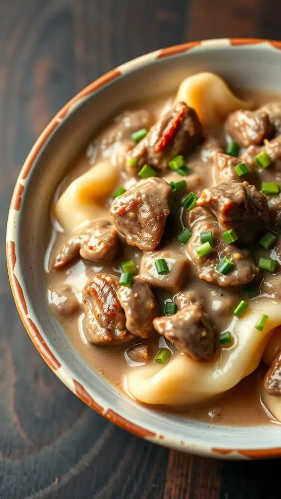 A bowl of Cottage Cheese Beef Stroganoff with green onions on top, served over noodles.