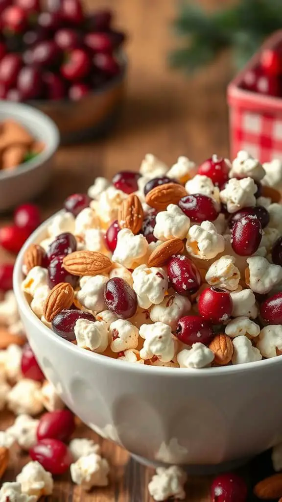 A bowl of popcorn mixed with dried cranberries and almonds, surrounded by more cranberries and a festive background.