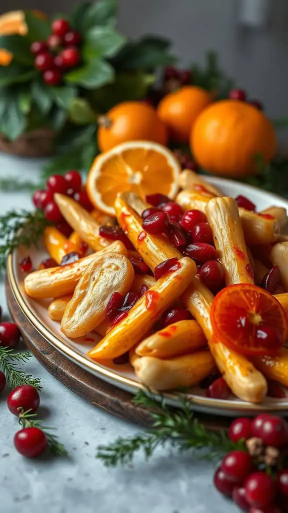 A plate of cranberry and orange glazed parsnips garnished with fresh cranberries and orange slices, set against a festive background.