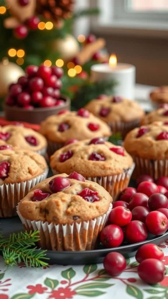 Freshly baked cranberry banana muffins with cranberries and festive decor