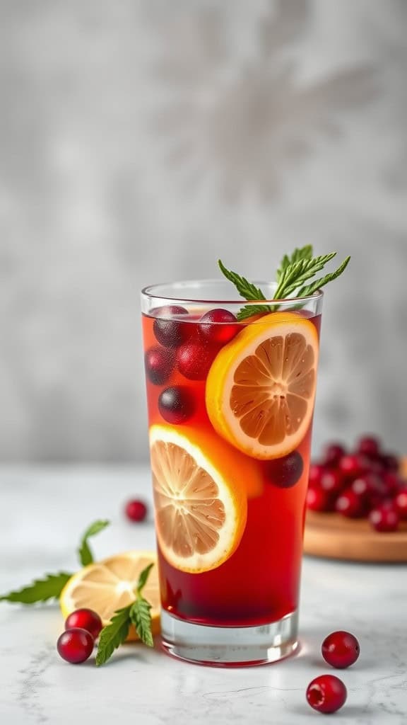 A tall glass of Cranberry Lemon Zinger with lemon slices and cranberries, garnished with mint leaves.