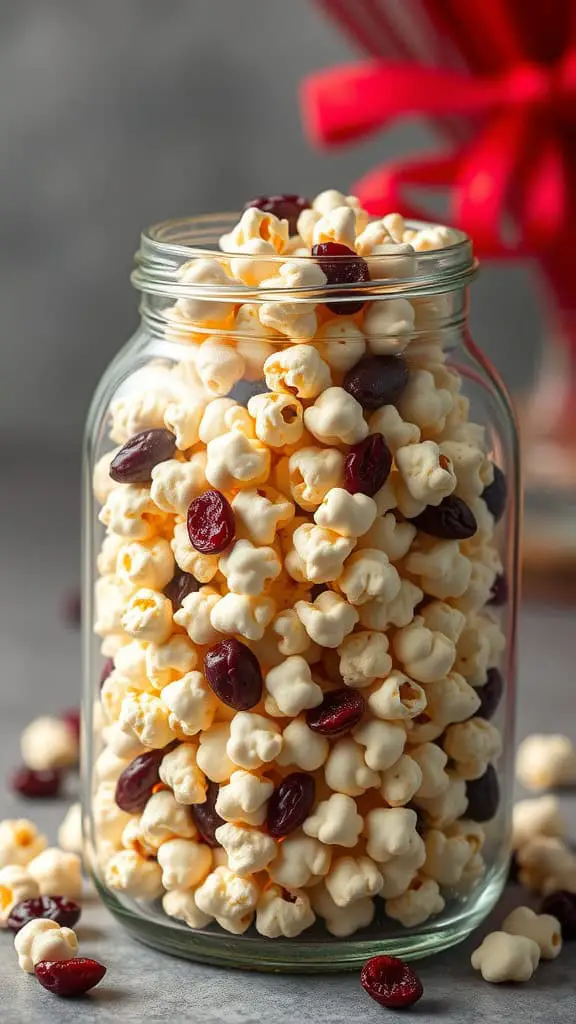 A jar filled with popcorn and dried cranberries, with a festive red ribbon in the background.