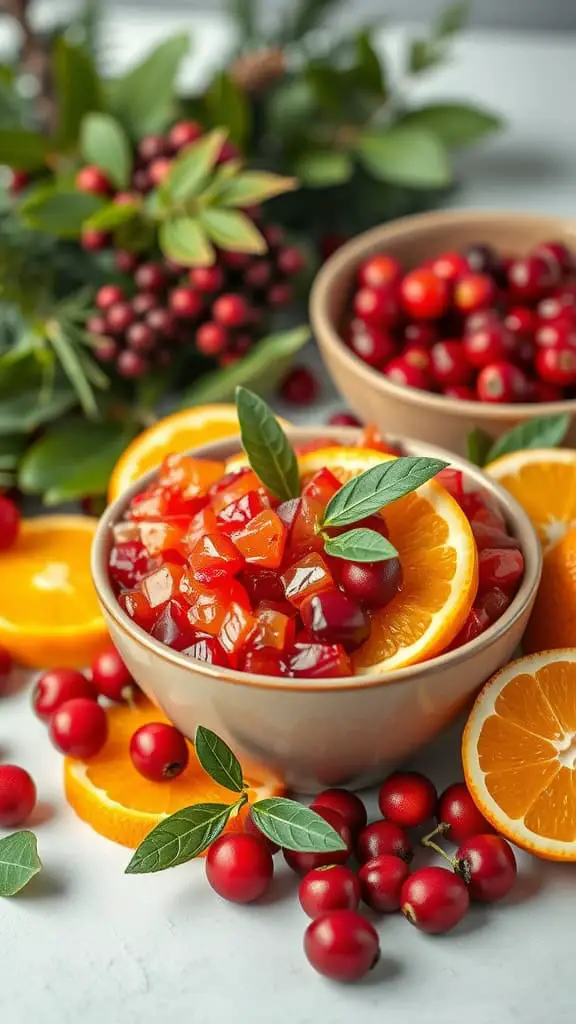 A bowl of cranberry orange relish with fresh cranberries and orange slices on a white surface.