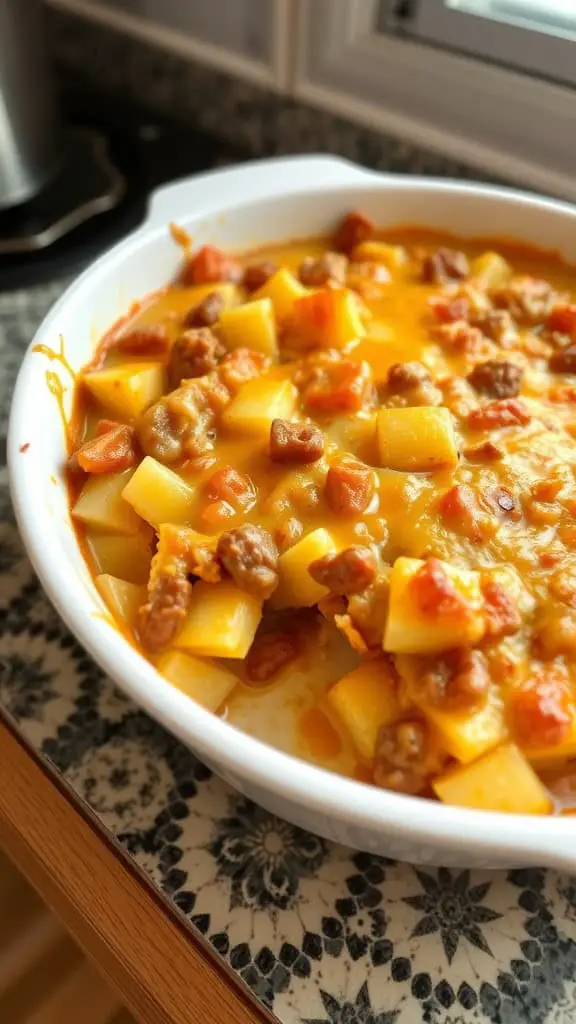 A creamy beef and potato casserole served in a white dish with chunks of potatoes and ground beef.