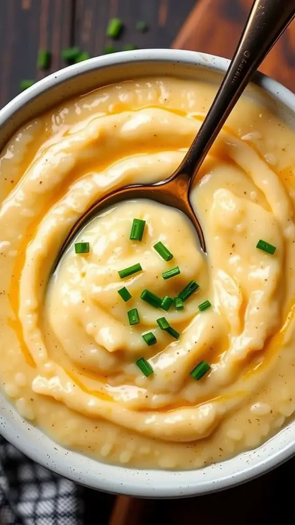 A bowl of creamy cheddar grits garnished with chives, with a spoon resting inside.