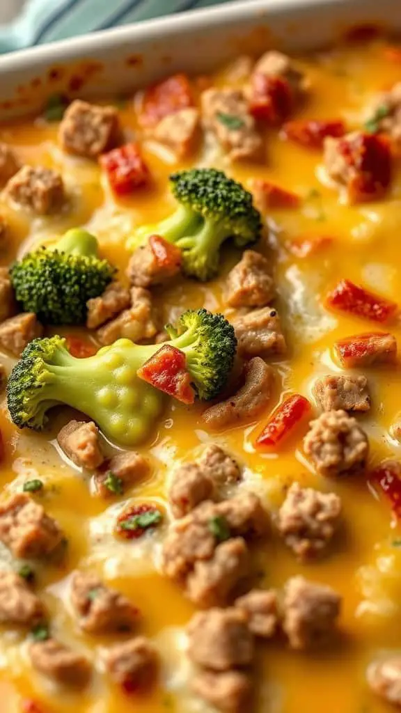 Creamy cheddar ground beef and broccoli bake with melted cheese and colorful vegetables