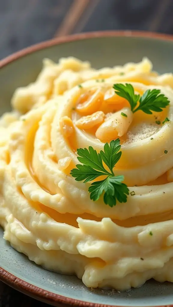 A plate of creamy garlic Parmesan mashed potatoes garnished with parsley.