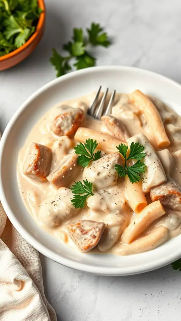 A bowl of creamy Greek yogurt stroganoff with pasta and meat, garnished with fresh parsley.