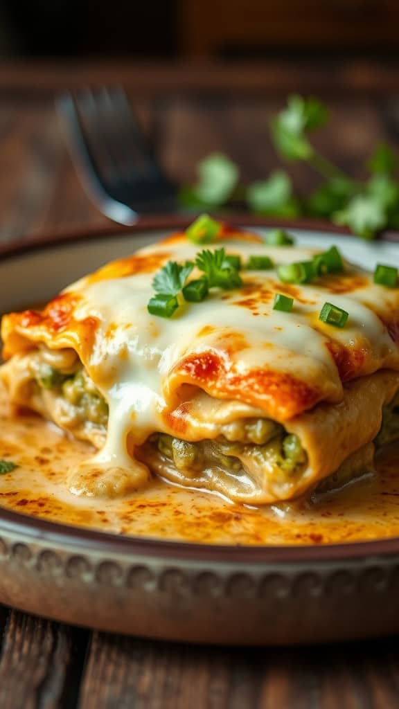 Creamy green chile beef enchilada casserole with melted cheese and garnished with green onions.