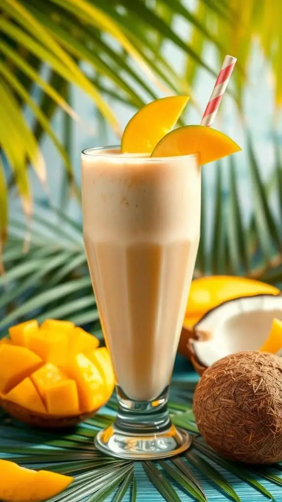 A refreshing mango coconut smoothie in a tall glass with mango slices on top, surrounded by fresh mango and coconut.