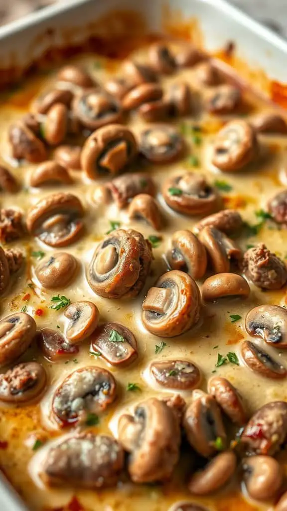 A creamy mushroom and ground beef bake in a casserole dish, topped with mushrooms and herbs.