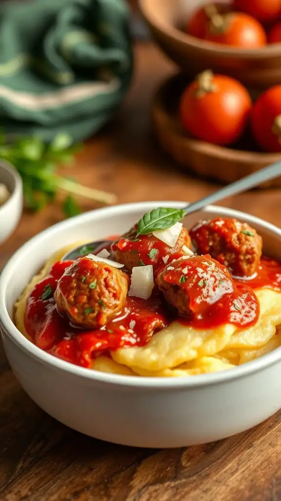 Creamy polenta topped with Italian meatballs in tomato sauce, garnished with parsley and Parmesan cheese.