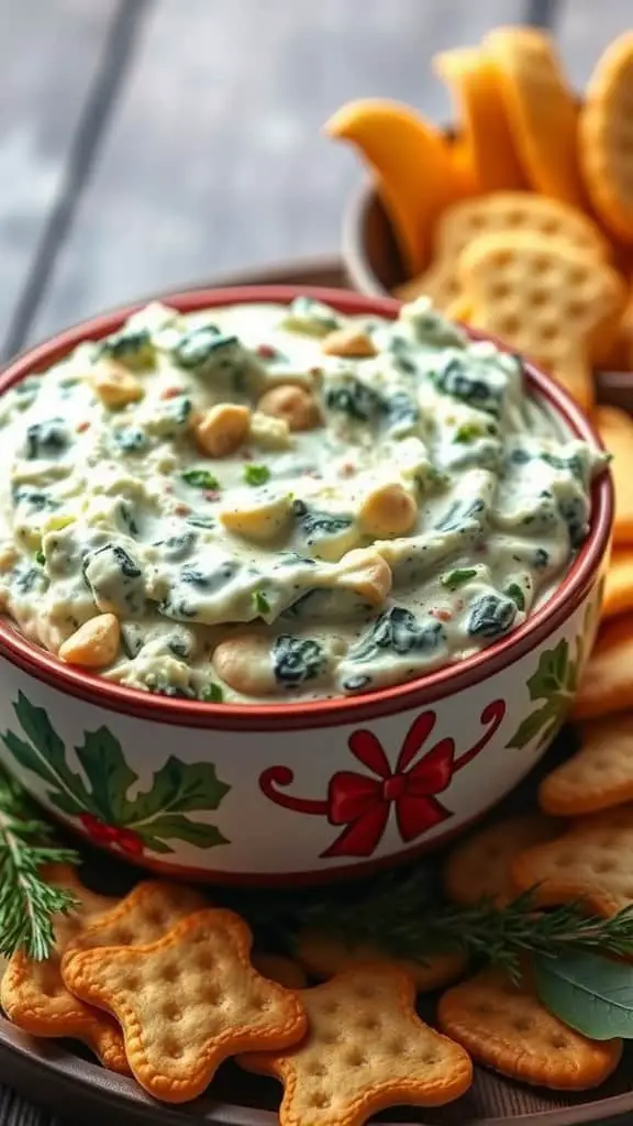 A bowl of creamy spinach and artichoke dip surrounded by crispy crackers.