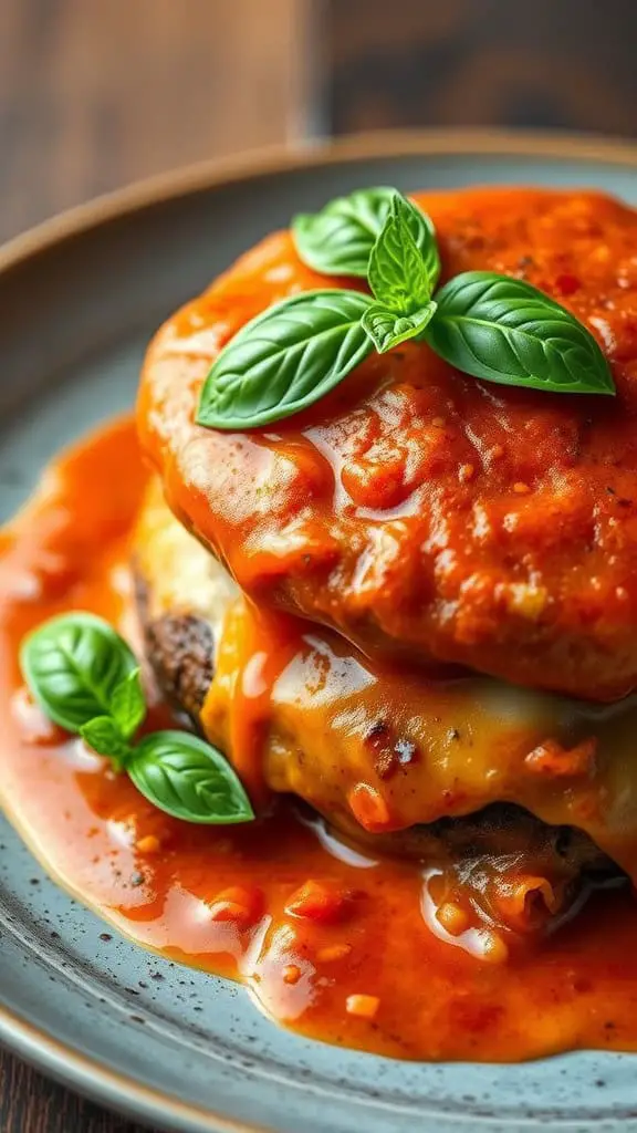 Creamy Tomato Basil Burger Bake with sauce and basil leaves