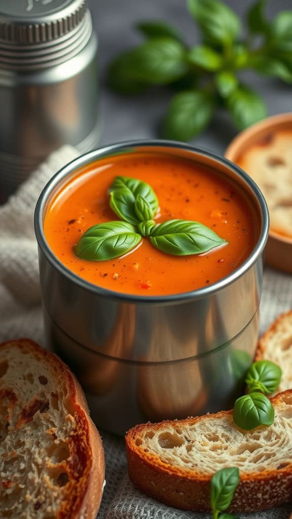 A bowl of creamy tomato basil soup in a thermos, with fresh basil leaves on top and slices of bread beside it.