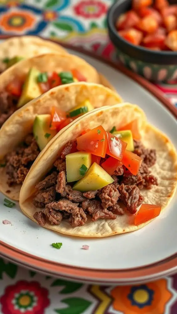 A plate of crispy beef and potato tacos with fresh toppings