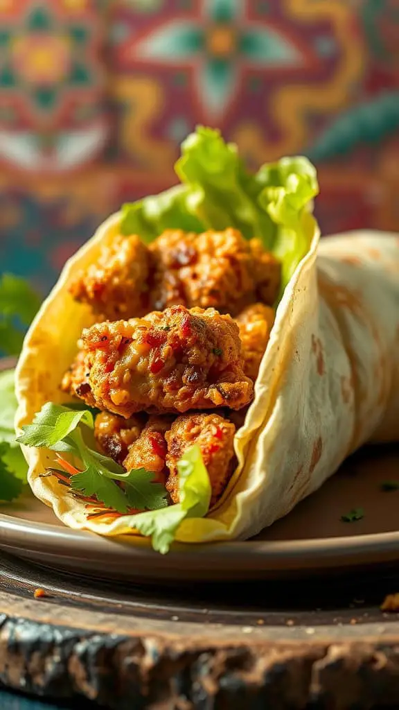 A crispy chicken and cabbage wrap showcasing crunchy lettuce and juicy chicken pieces, wrapped in a tortilla.