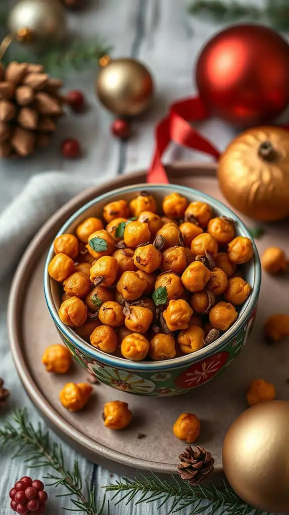 A bowl of crispy chickpeas surrounded by festive decorations like ornaments and pinecones.