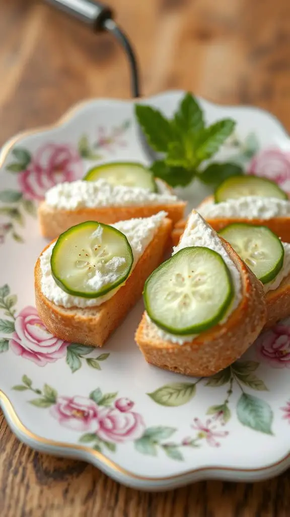 Cucumber and cream cheese sandwiches on a floral plate