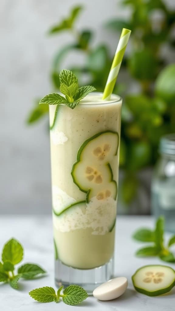 A refreshing cucumber and mint smoothie garnished with mint leaves and cucumber slices