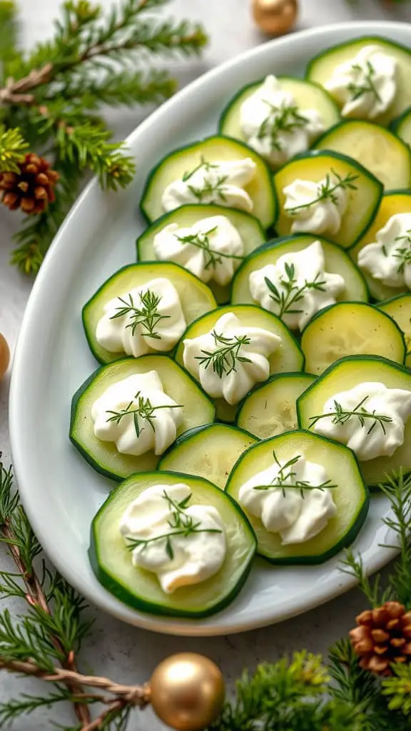 Cucumber bites topped with herbed cream cheese and garnished with dill on a platter, surrounded by festive decorations.