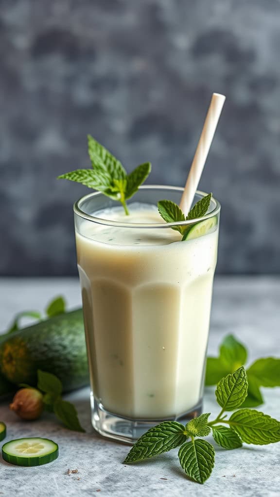 A refreshing cucumber mint smoothie in a glass with mint leaves and cucumber slices around it.