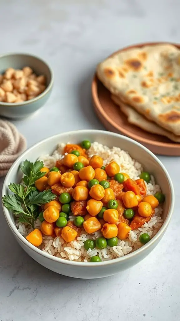 Curried chickpeas and rice bowl with fresh peas and cilantro