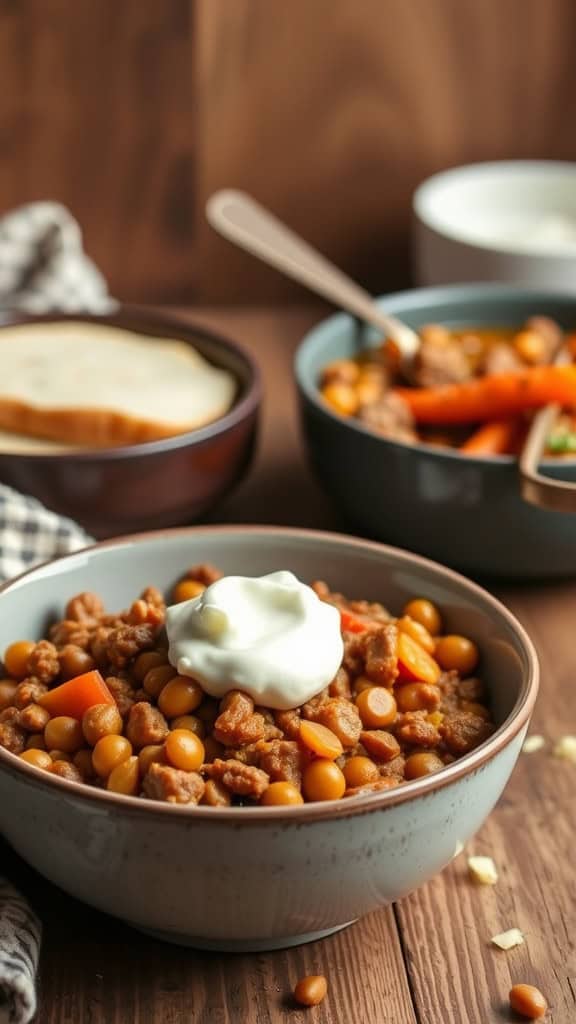 A bowl of Curried Lentil and Beef Casserole topped with sour cream, with additional bowls of food in the background.