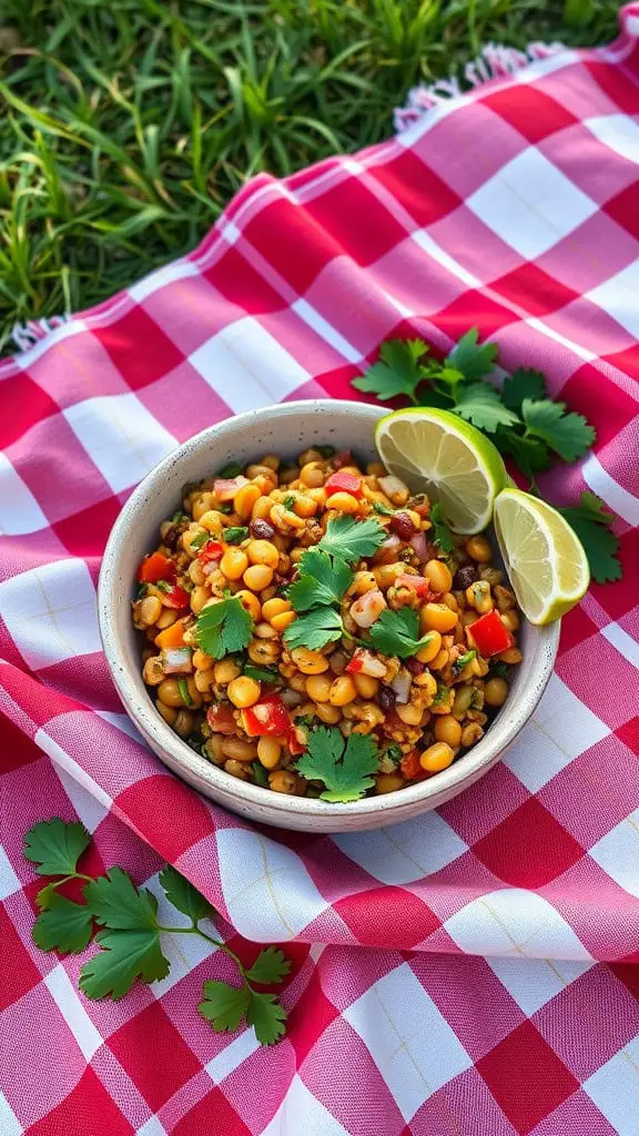 Curried lentil salad served in a bowl with lime and cilantro on a checkered picnic blanket.