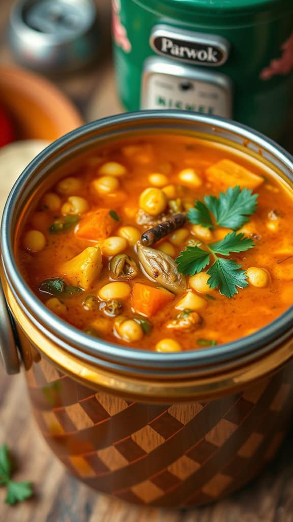 A thermos filled with colorful curried vegetable and lentil soup, surrounded by fresh ingredients.