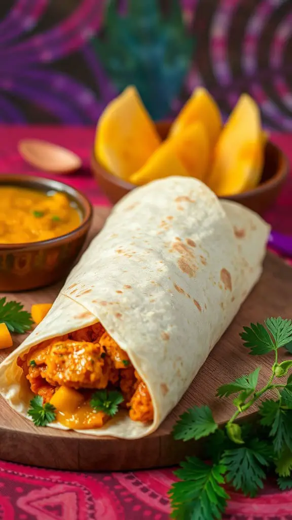 Curry chicken wrap with mango chutney, fresh mango slices, and green herbs on a wooden board.