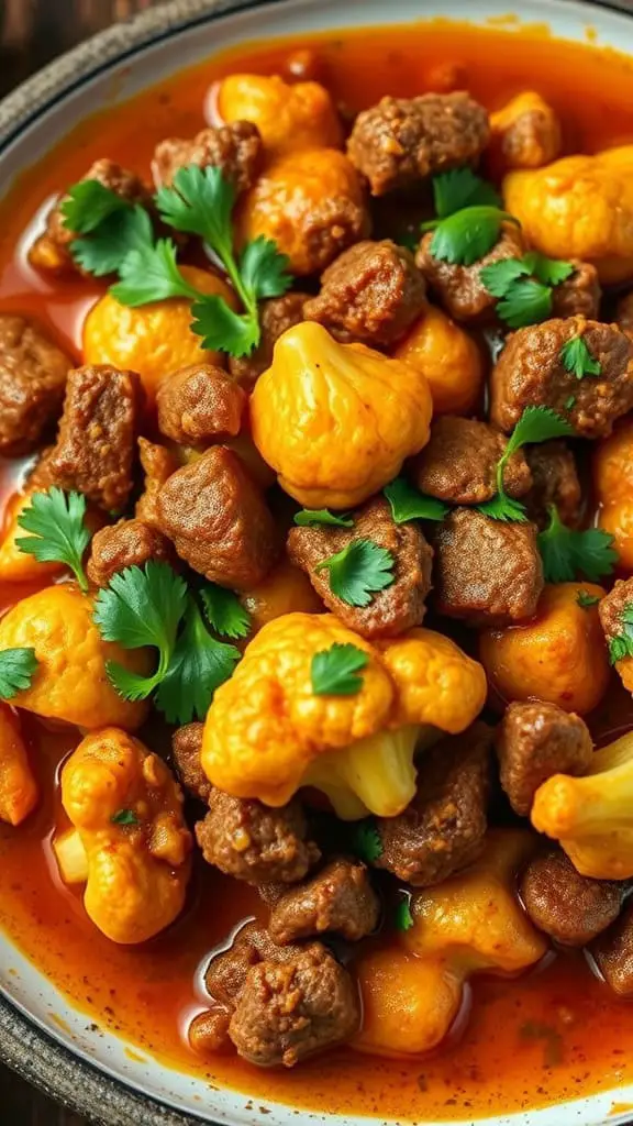 A vibrant dish featuring curry ground beef and cauliflower, garnished with fresh cilantro.