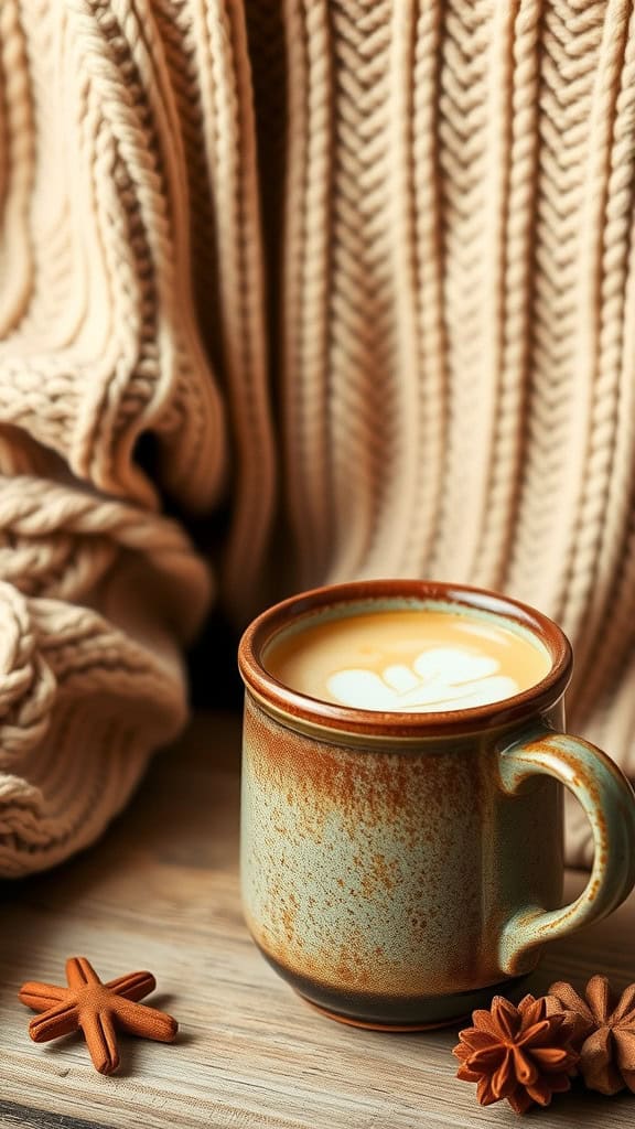 A cozy scene featuring a warm cup of dairy-free pumpkin spice latte on a wooden table, accompanied by a knitted blanket and star anise.