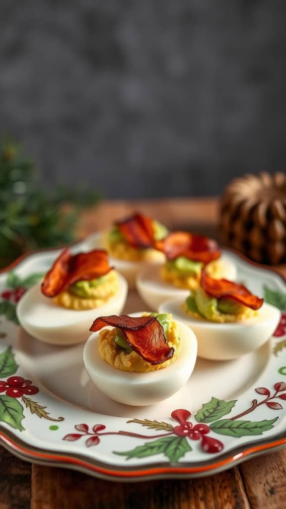 Festive deviled eggs topped with avocado and crispy bacon on a decorative holiday plate.