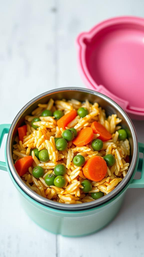 A thermos filled with egg fried rice, peas, and carrots, showcasing a colorful and appetizing meal.