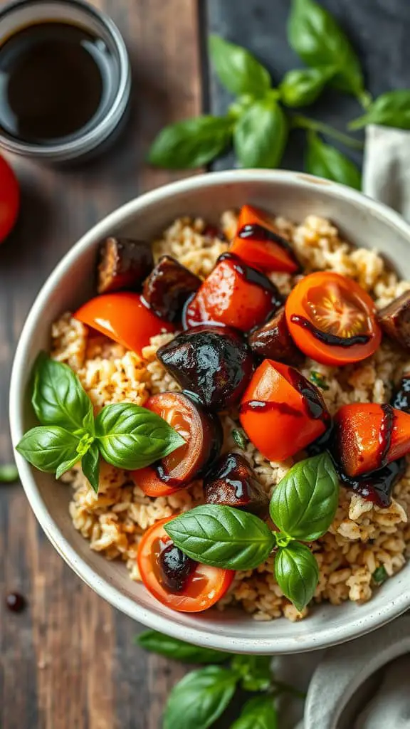 A bowl of eggplant and tomato rice topped with fresh basil, served with a side of soy sauce.