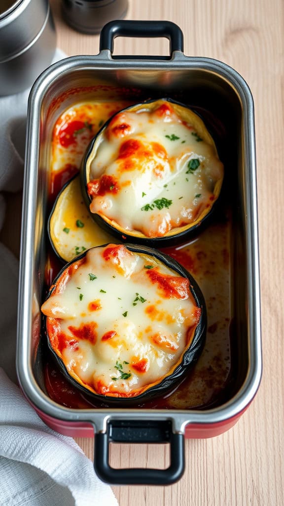 A thermos filled with baked eggplant parmesan, featuring layers of cheese and marinara sauce.