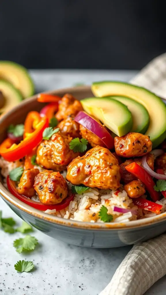 A colorful Fajita Chicken and Rice Bowl with chicken, rice, peppers, and avocado.