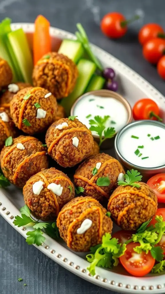 A platter of falafel balls with vegetables and tzatziki sauce