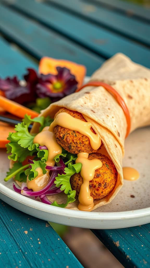 A falafel wrap filled with green lettuce, red onions, and tahini sauce on a plate with fresh vegetables