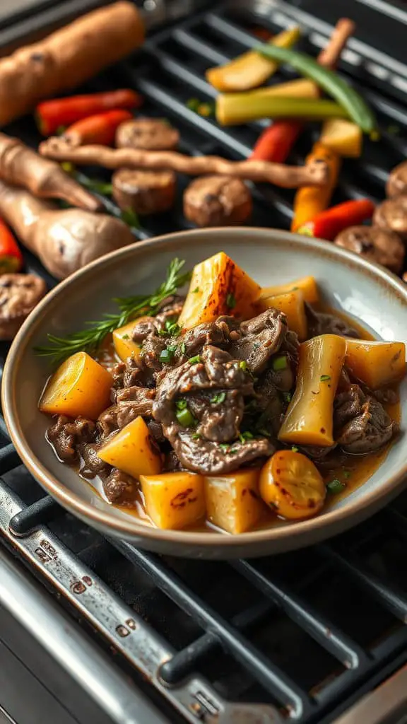 A plate of fire-roasted beef stroganoff with potatoes and vegetables, placed on a grill.