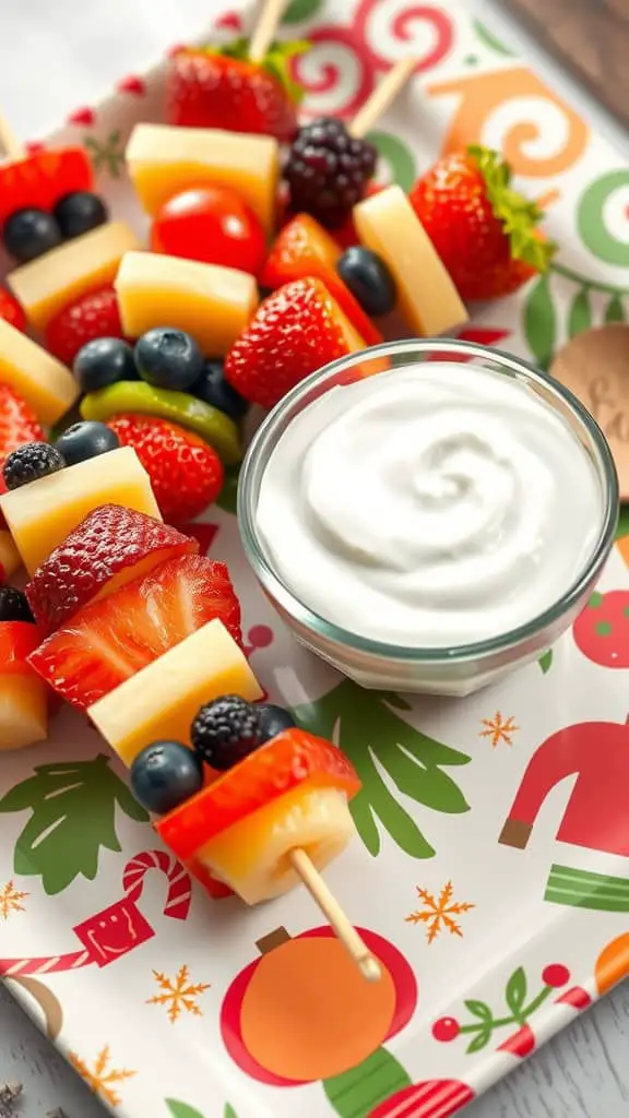 A plate of colorful fresh fruit skewers with a yogurt dip