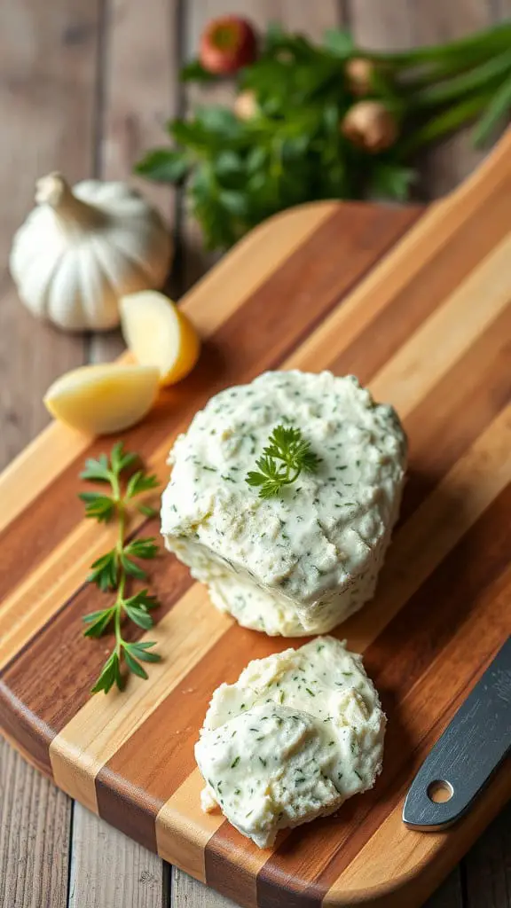 A slab of garlic herb butter on a wooden cutting board with garlic cloves and green herbs in the background.