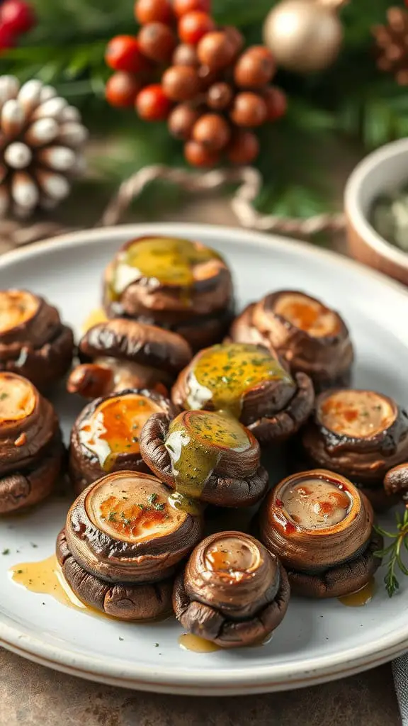 Plate of Garlic Herb Butter Roasted Mushrooms garnished with herbs and drizzled with garlic butter.