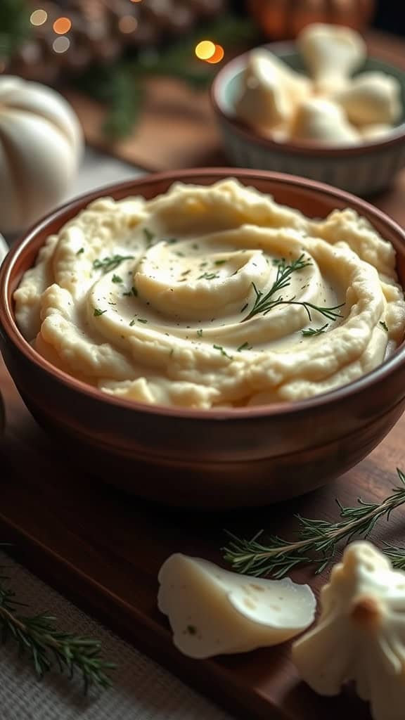 A bowl of creamy garlic mashed cauliflower topped with herbs, surrounded by festive decorations.